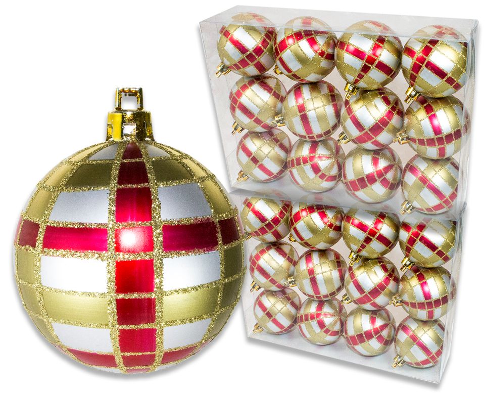 Ball Ornament with Red & Gold Plaid Design, Silver - Pack of 24