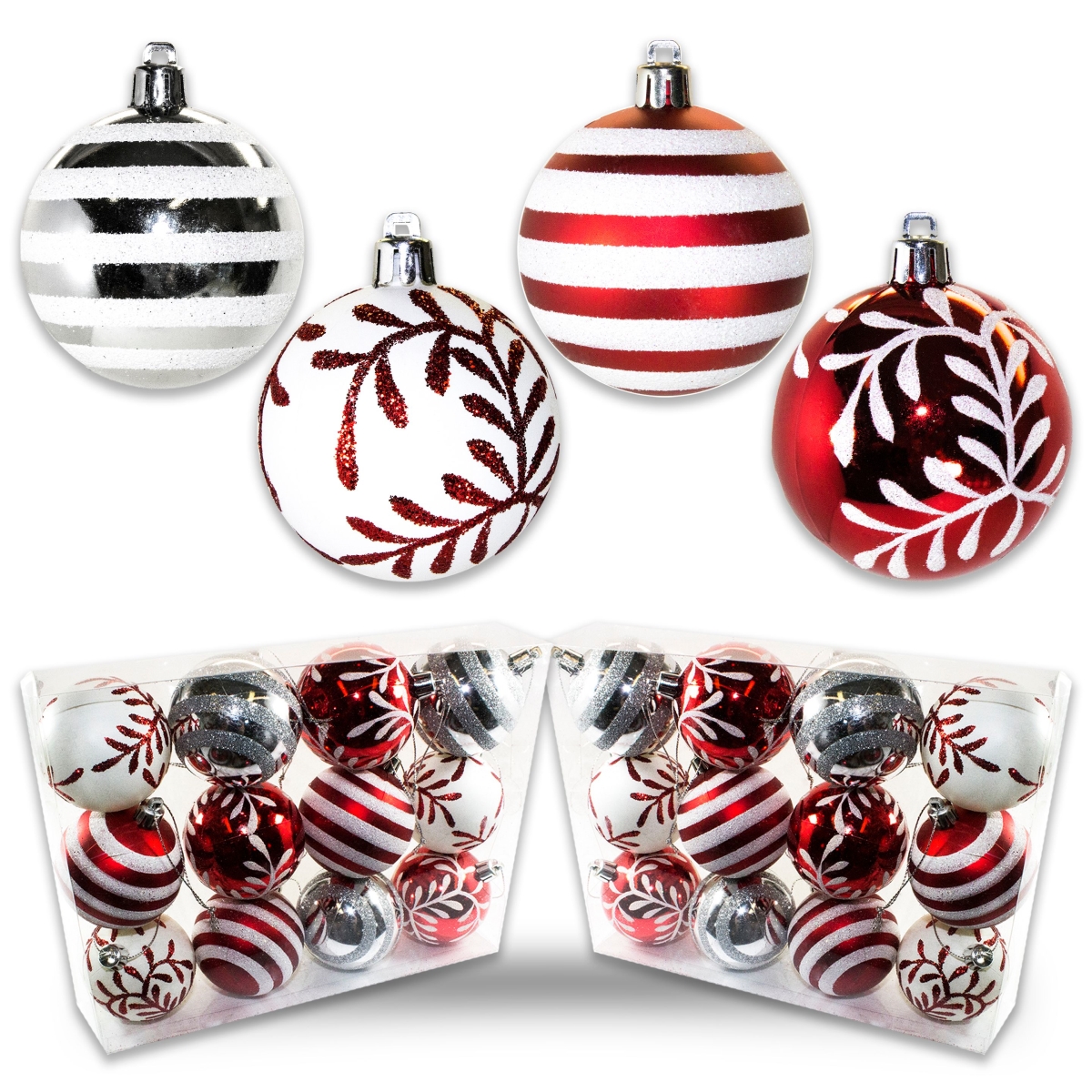 2 in. Ball Ornament with Snowflake & Line Glitter Design, Red & White - Pack of 24