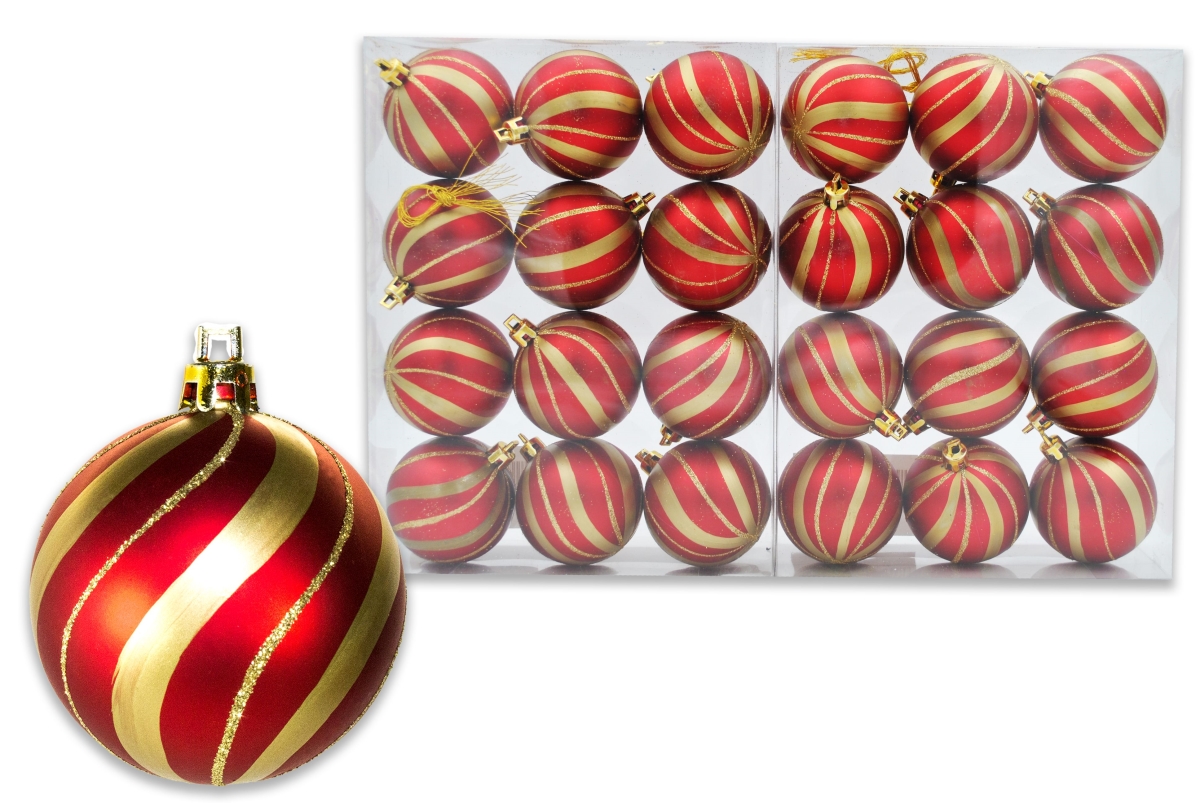 4 in. Ball Ornament with Gold Sprial Design, Red - Pack of 24