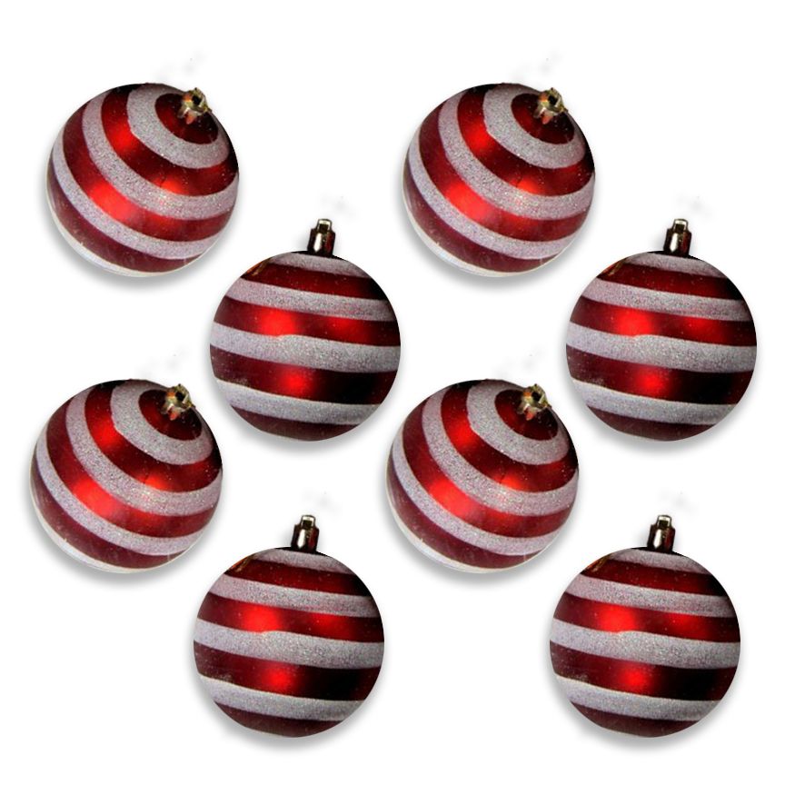 Ball Ornament with Lines, Red - Pack of 8