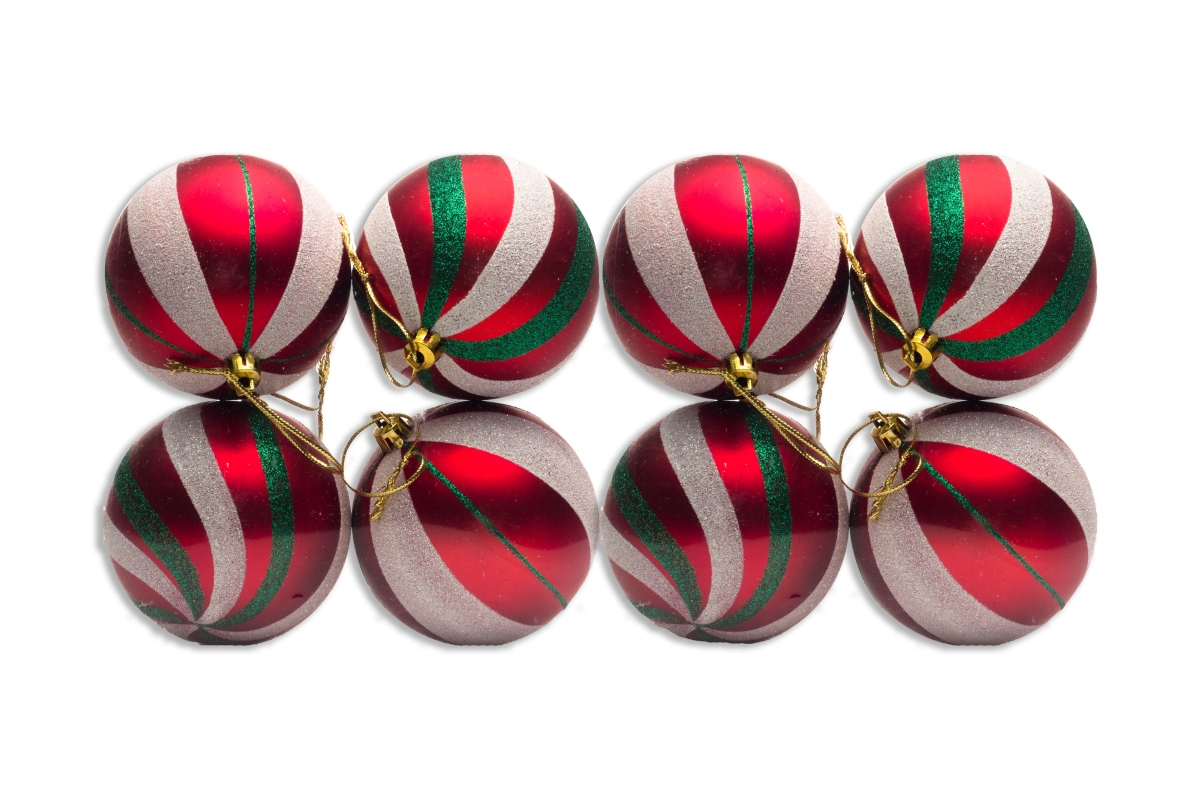 Ball Ornament with Spiral Design, Red, White & Green - Pack of 8