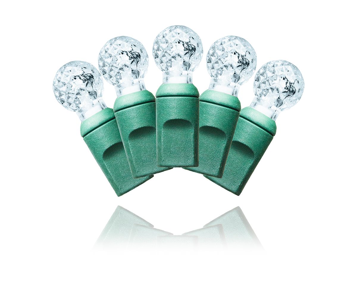 G12 Faceted LED Light Set with In-Line Rectifier & 4 in. Spacing Wire, Green & Cool White - 70 Count