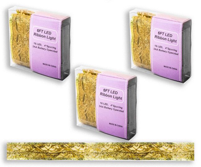 4 ft. Battery Operated Ribbon Light with White LEDs Light, Gold - Pack of 3