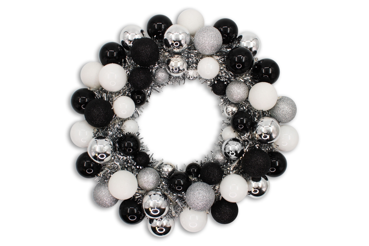 16 in. Ball with Battery Powered Pure White LEDs Wreath, Black & White