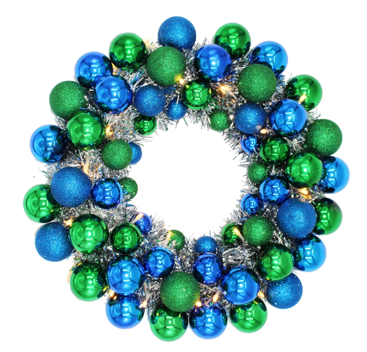 16 in. Ball with Battery Powered Pure White LEDs Wreath, Blue & Green