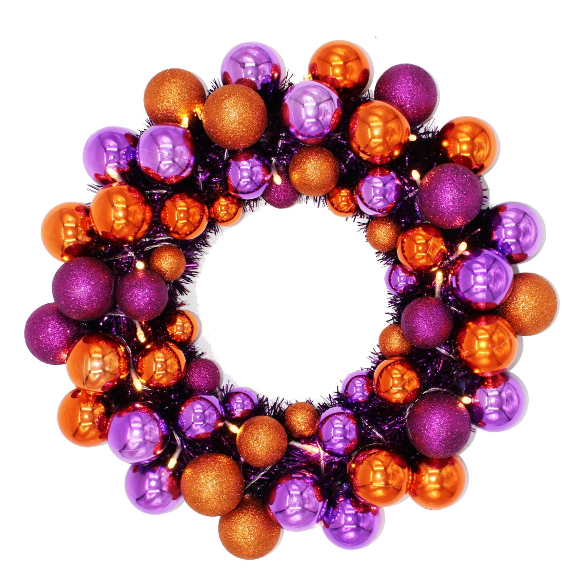 16 in. Ball with Battery Powered Pure White LEDs Wreath, Purple & Orange