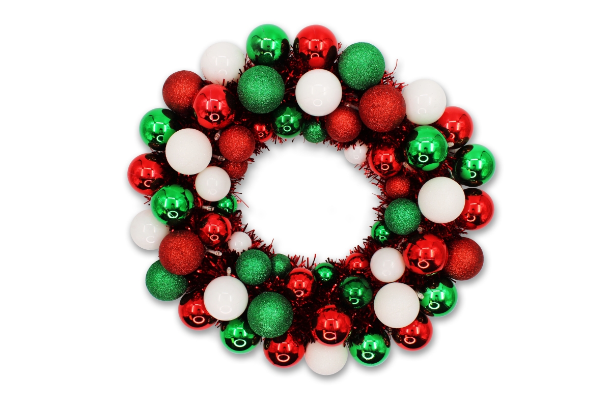 16 in. Ball with Battery Powered Pure White LEDs Wreath, Red, Green & White