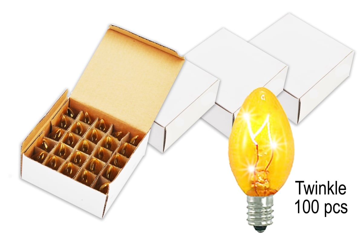C7-IN-Y-TW-100 C7 Incandescent Twinkle Dimmable Bulbs E12 Base, Transparent Yellow - Pack of 100