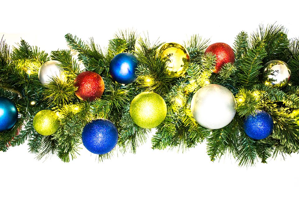 9 ft. Blended Pine Decorated with The Fiesta Ornament Collection Pre-Lit with LEDs Garland, Warm White