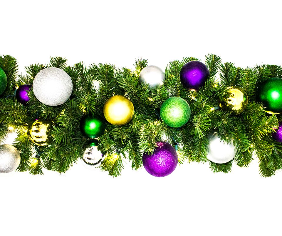 9 ft. Blended Pine Decorated with The Mardi Gras Ornament Collection Pre-Lit with LEDs Garland, Warm White