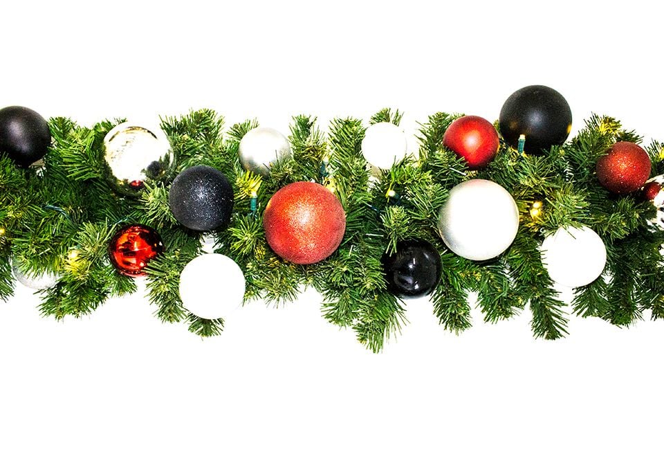 9 ft. Pre-Lit LED Blended Pine Decorated with the Modern Ornament Collection Garland, Warm White
