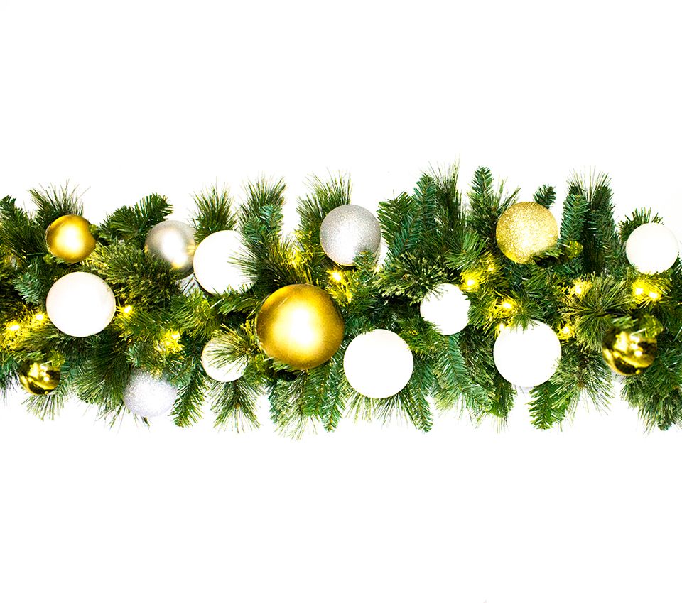 9 ft. Blended Pine Pre-Lit with LEDs Decorated with The Treasure Ornament Collection Garland, Warm White