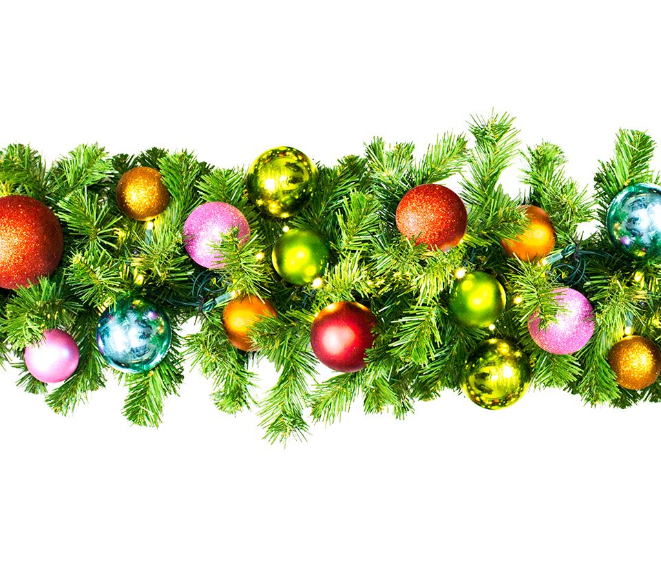 9 ft. Pre-Lit LED Blended Pine Decorated with The Tropical Ornament Collection Garland, Warm White