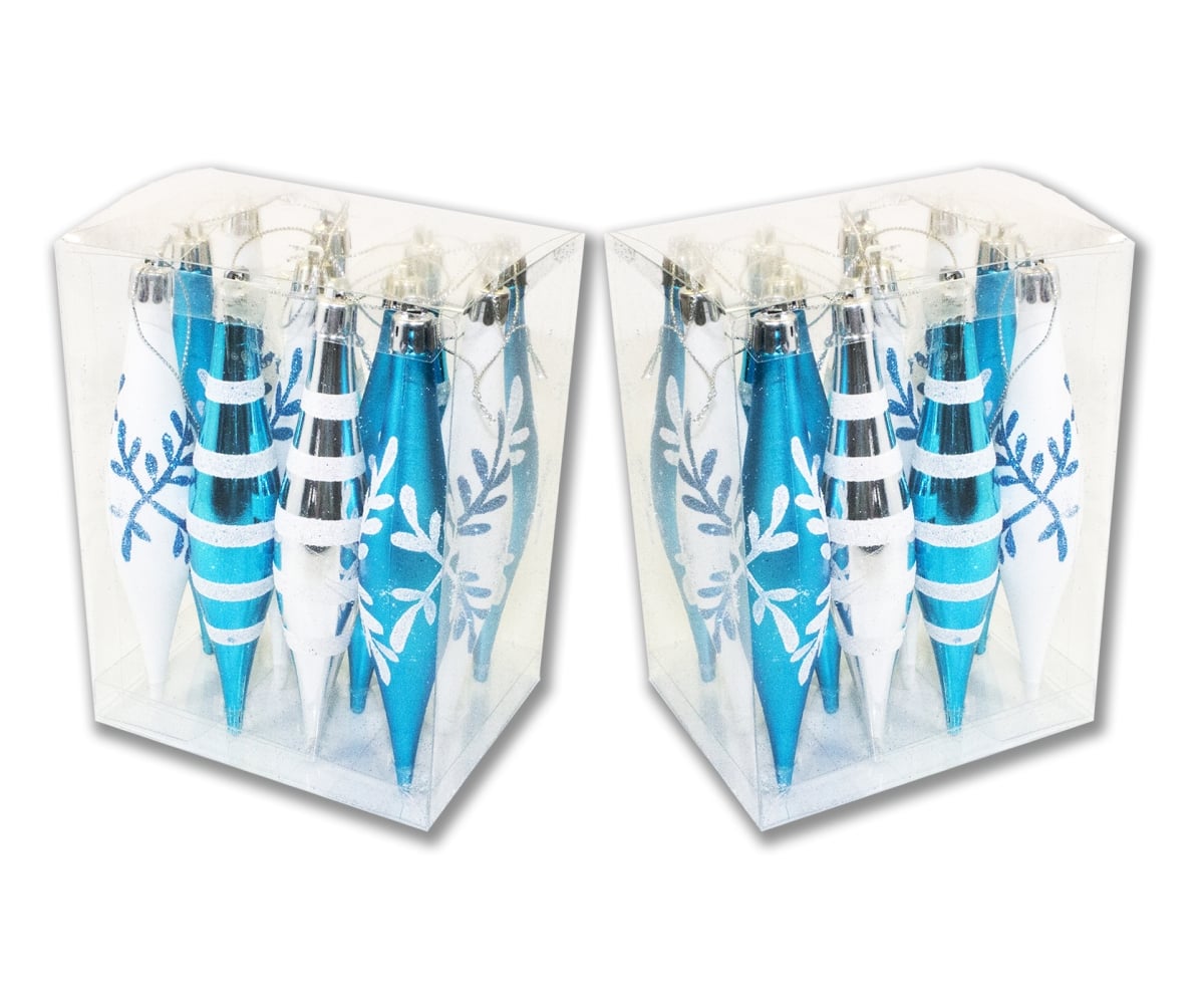 Glitter Finial Ornament with Snowflake, Aqua & White - Pack of 24