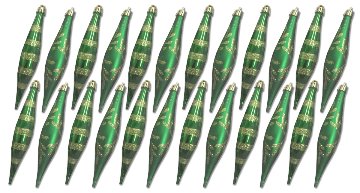 Glitter Finial Ornament with Snowflake & Line, Green - Pack of 24