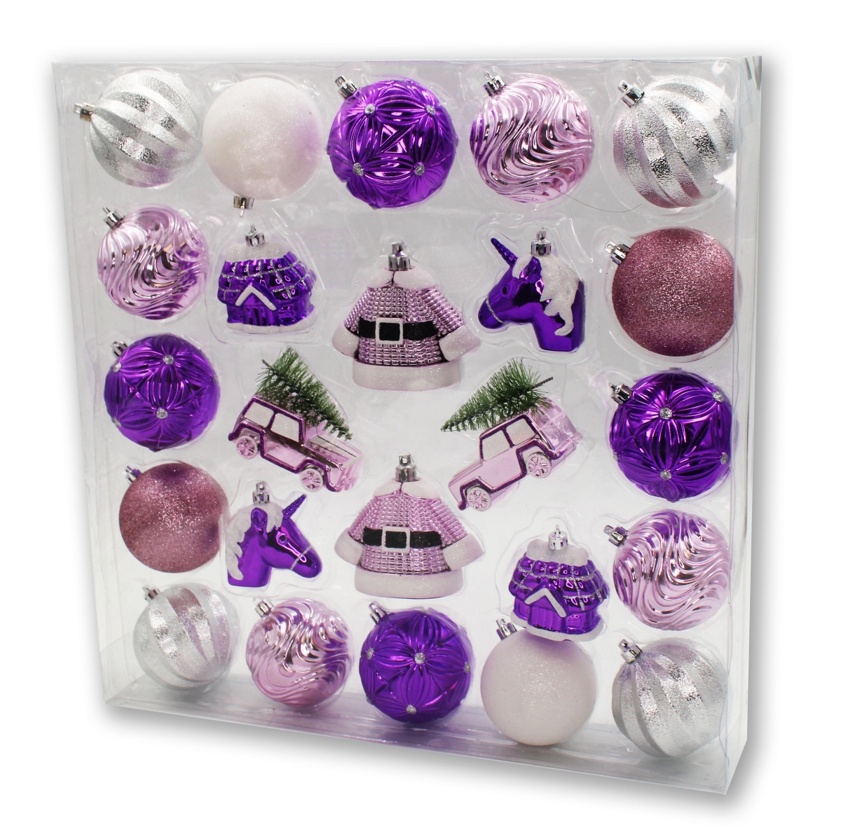 Christmas Ornaments, Pink, Purple & White - Pack of 24