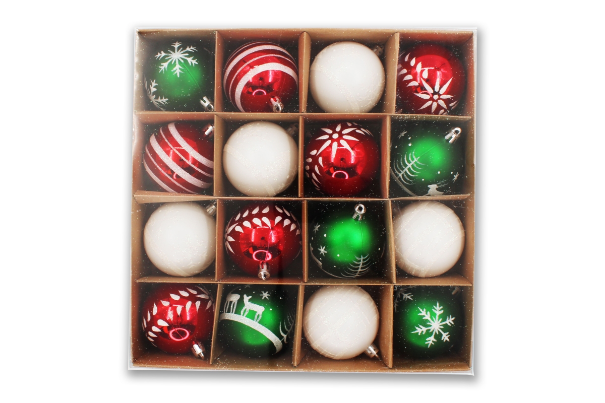 2.5 in. Ball Ornament, Red, White & Green - Pack of 16