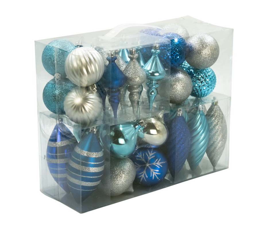 Christmas Ornaments, Blue & Silver - Pack of 40