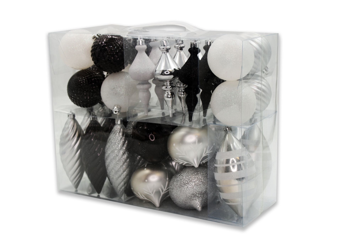 Christmas Ornaments, Black, Silver & White - Pack of 40