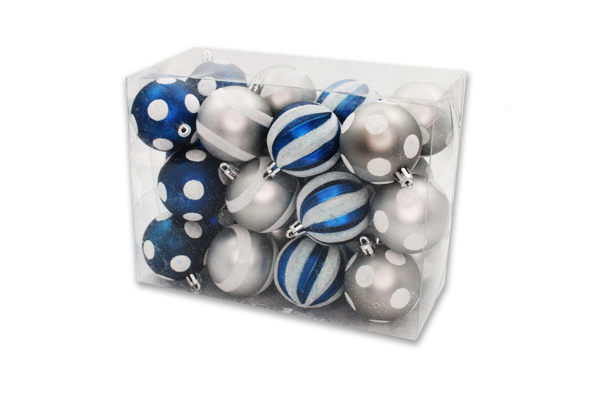ORNPK-LD-BLS-24 Line Design Ball Ornaments, Blue & Silver - Pack of 24