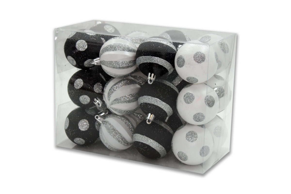 Line Ornament Ball, White Silver & Black - Pack of 24