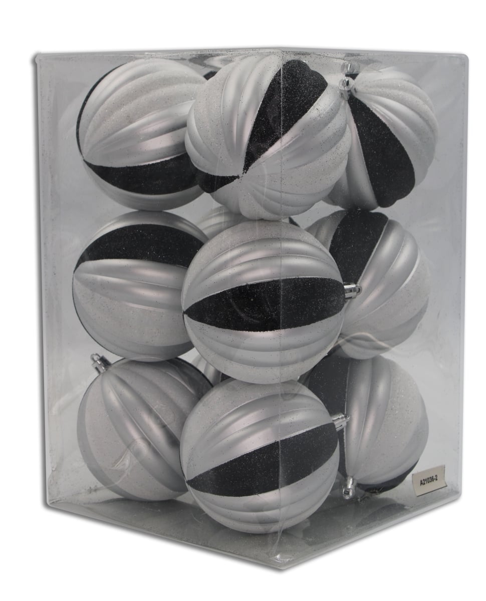 Ball Ornaments, Black, White & Silver - Pack of 12