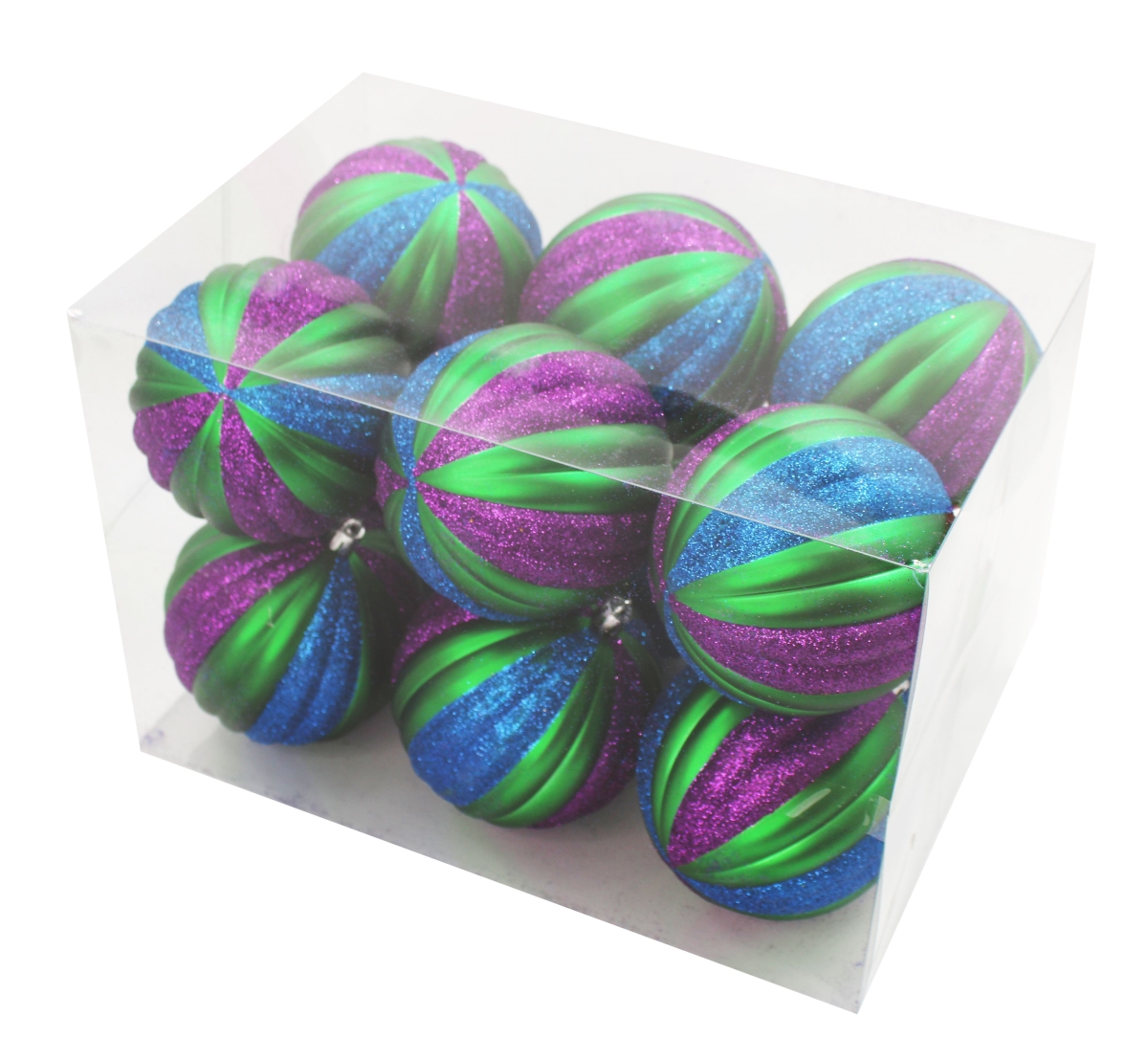 Assorted Ball Ornament, Blue, Purple & Green - Pack of 12
