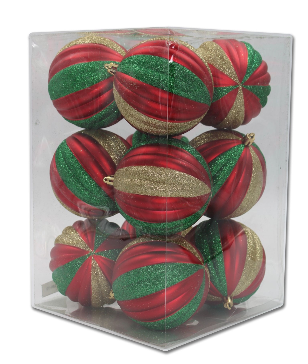 Ball Ornaments, Red, Gold & Green - Pack of 12