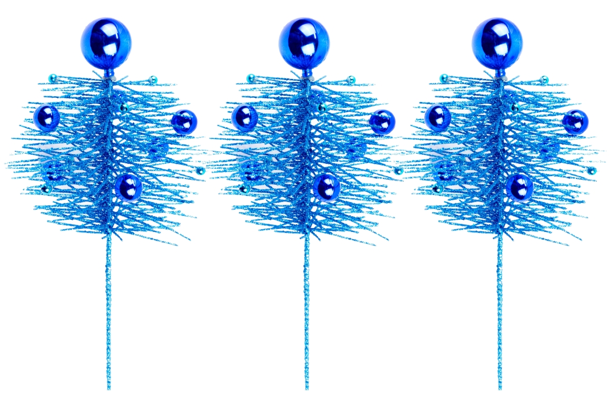 16 in. Glittered Pine Spray Pick with Ball Ornaments, Blue - Pack of 3