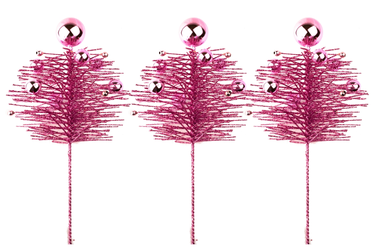 16 in. Glittered Pine Spray with Ball Ornaments, Pink- Pack of 3