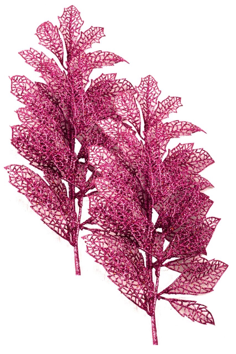 24 in. Glittered Leaf Pick for Christmas Decoration, Pink - Pack of 2