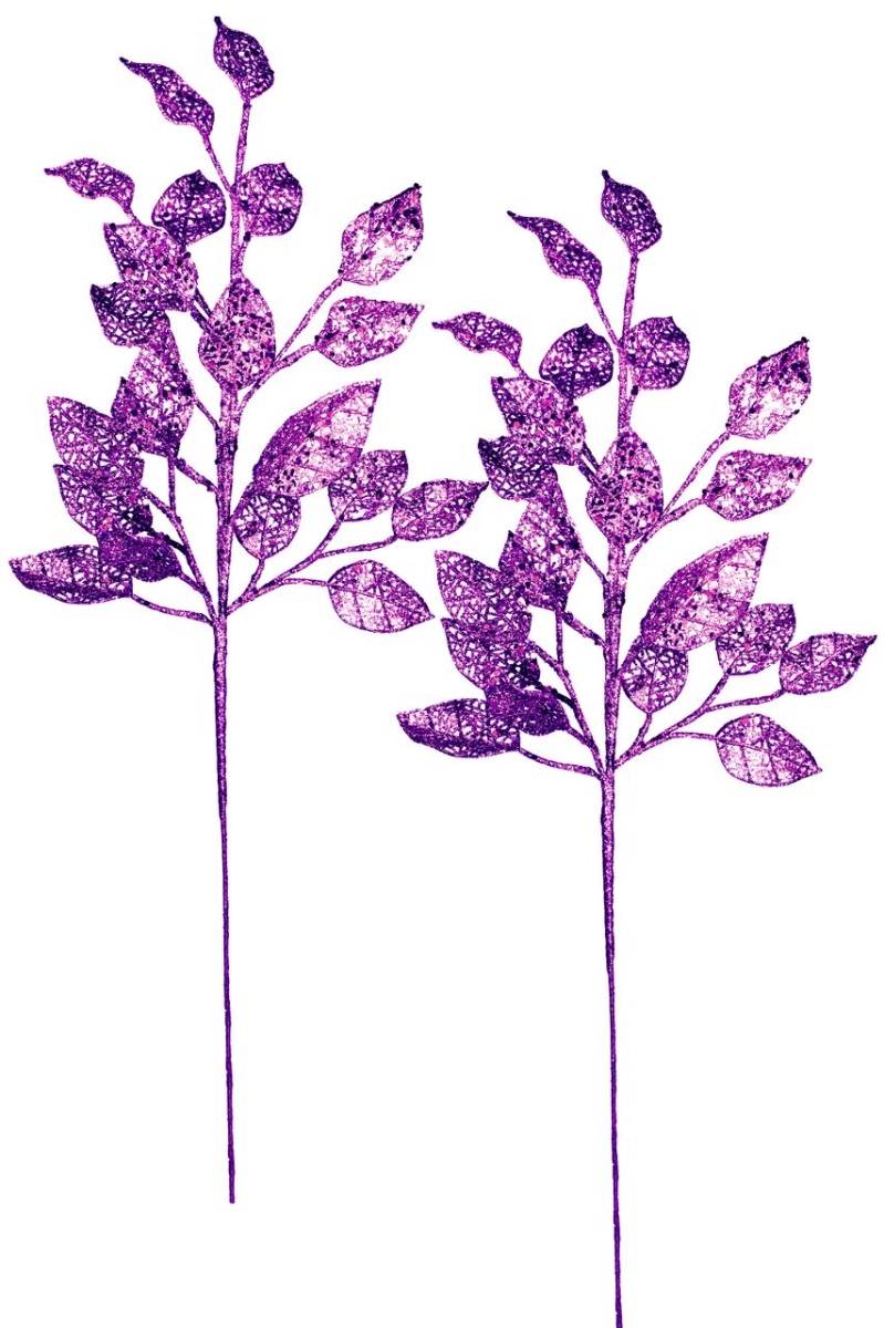 PCK24-LF-PU-2PK 24 in. Glittered Leaf Pick for Christmas Decoration, Purple - Pack of 2