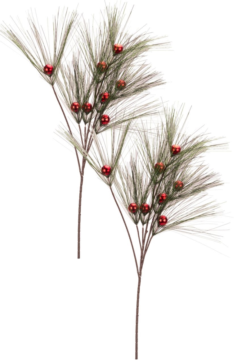32 in. Pine Spray with 8 Red Shatterproof Ornaments, Red - Pack of 2