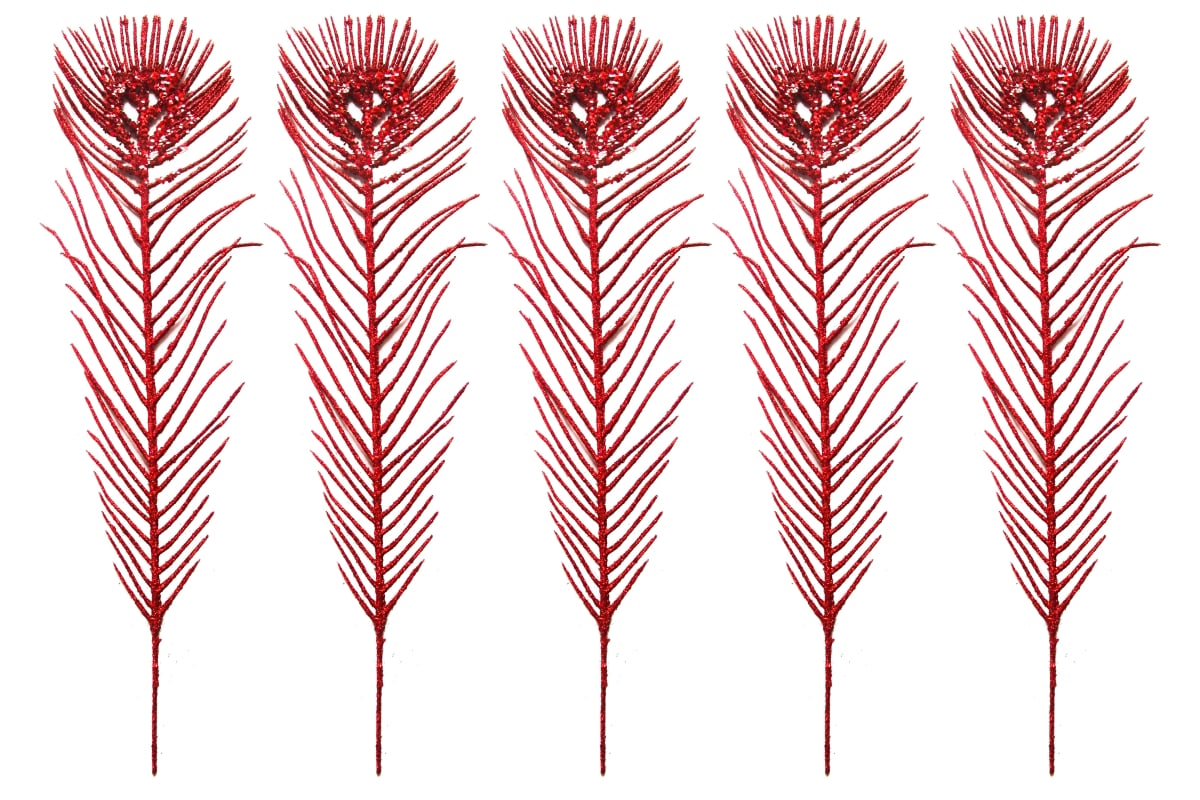 12 in. Glittered Peacock Feather Pick for Christmas Decoration, Red - Pack of 5