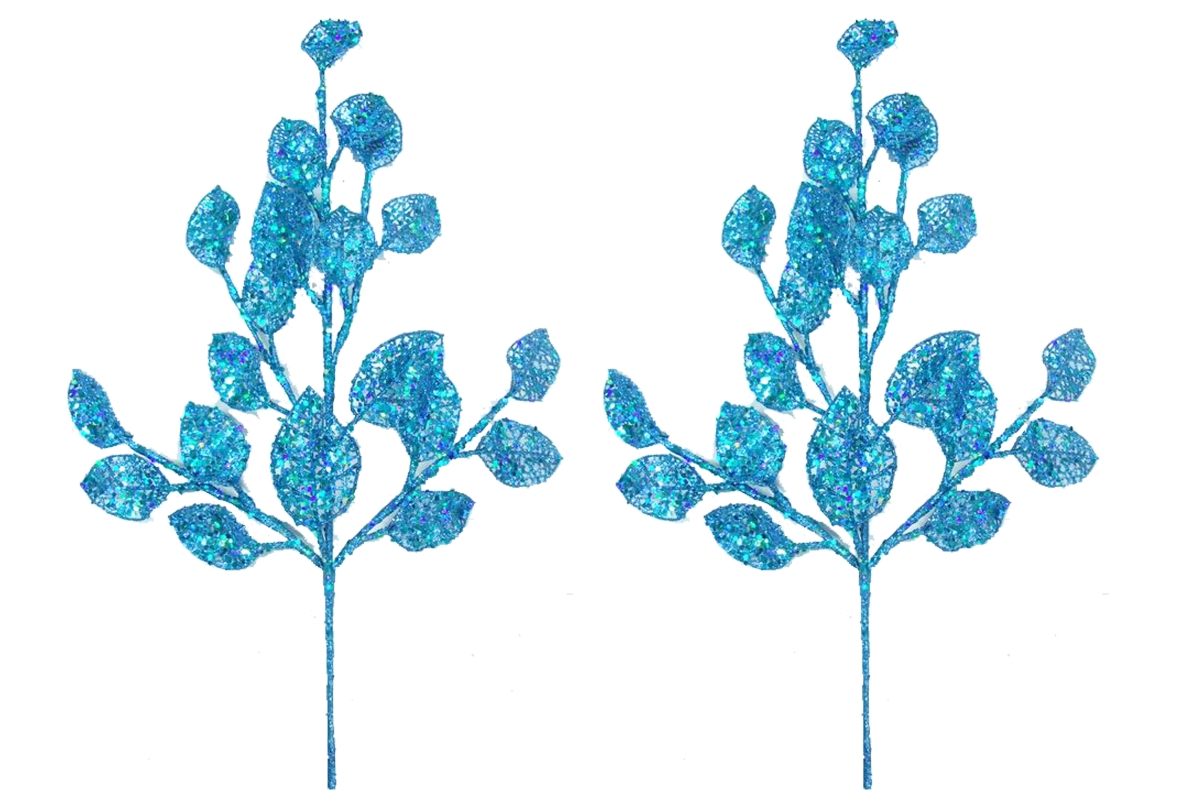 24 in. Glittered Leaf Pick for Christmas Decoration, Aqua - Pack of 2