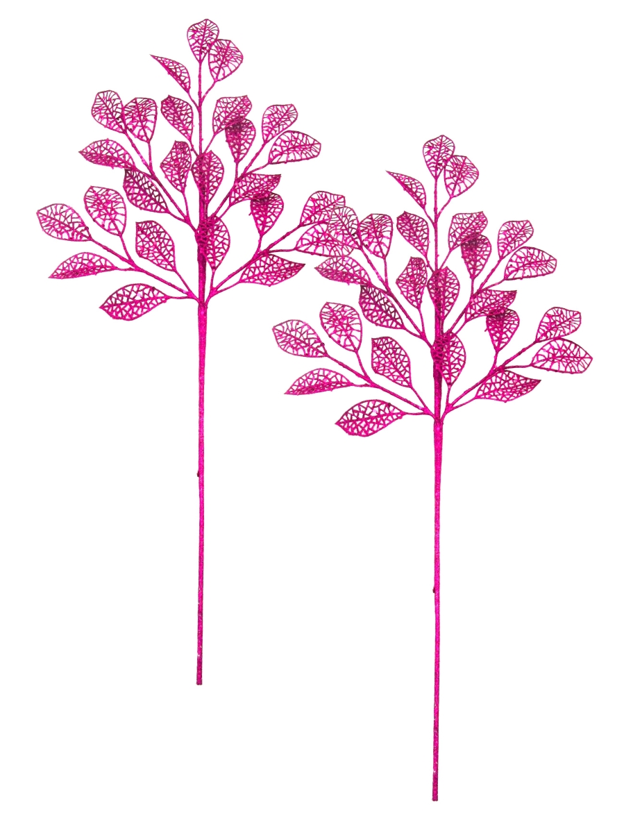 24 in. Glittered Leaf Pick for Christmas Decoration, Pink - Pack of 2