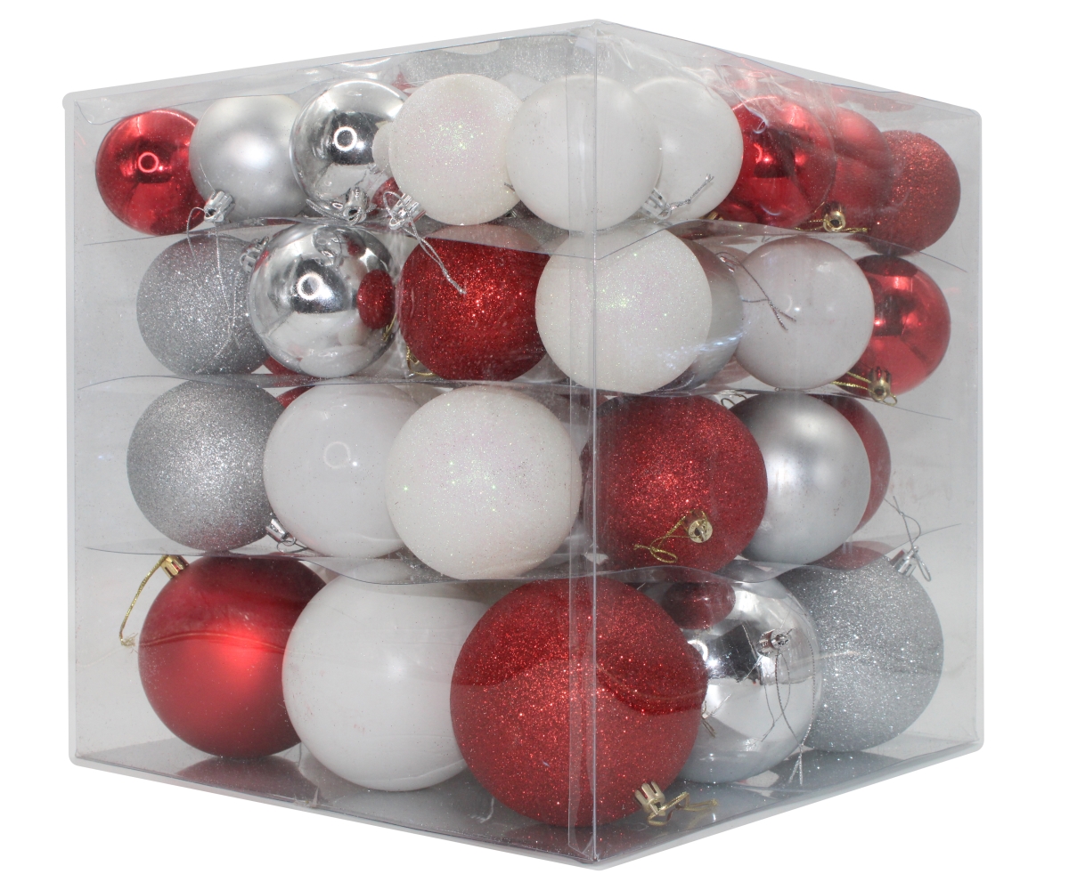 Ball Ornaments, Red, Silver & White - Pack of 62