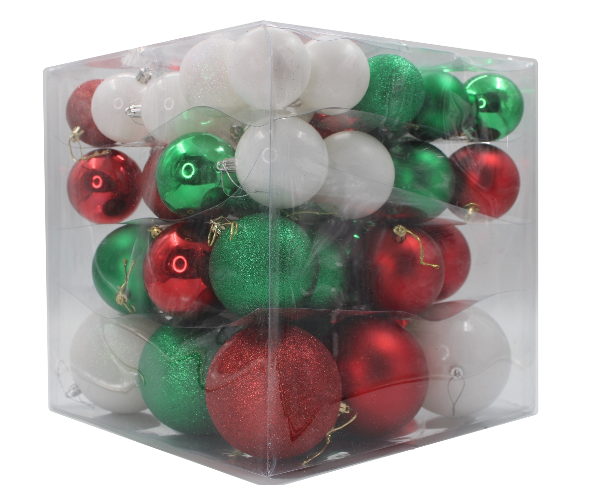 Ball Ornaments, Red, Green & White - Pack of 62