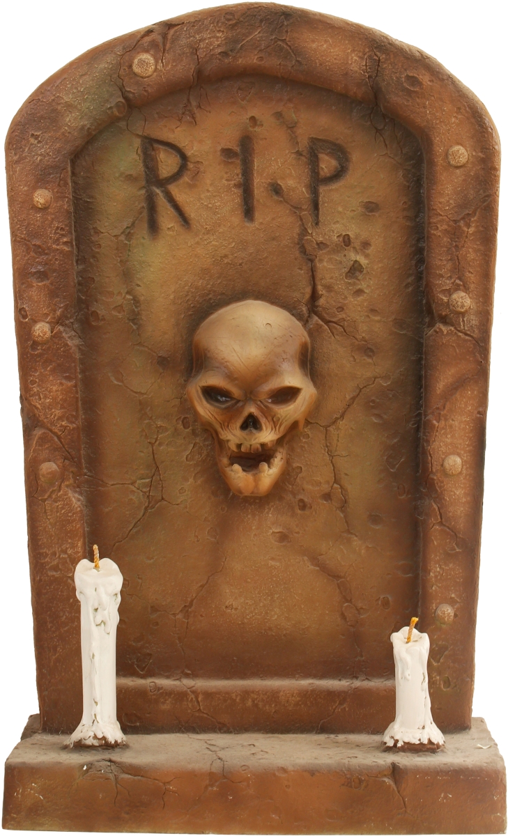 HWN-GRVSTN-CNDLS 4 ft. Gravestone with Skull & 2 Candles Halloween Decor
