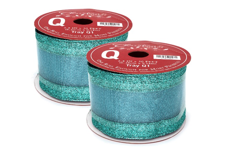 30 ft. Aqua Glitter RIbbon with Mesh Stripe