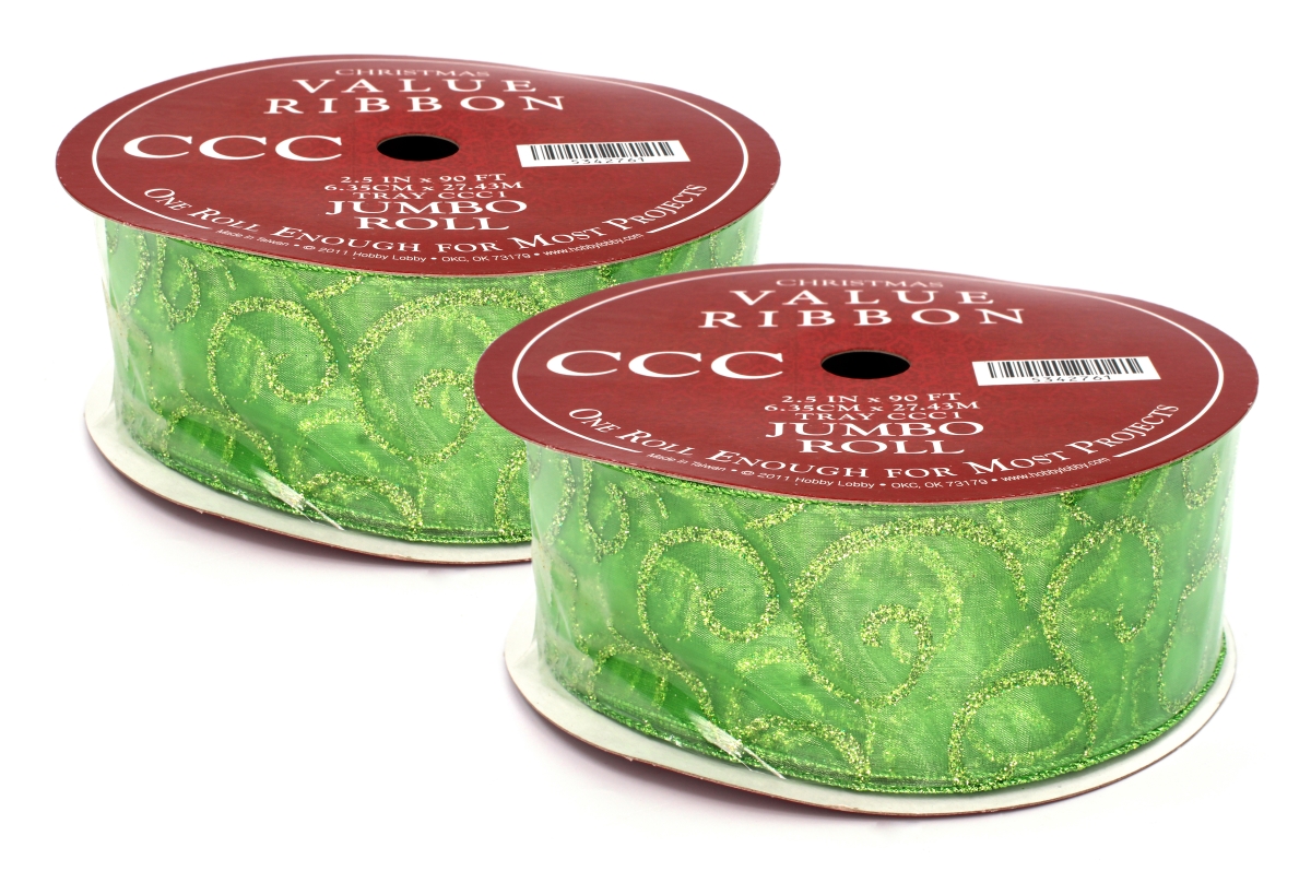 90 ft. Ribbon with Glitter Swirls, Lime Green - Pack of 2