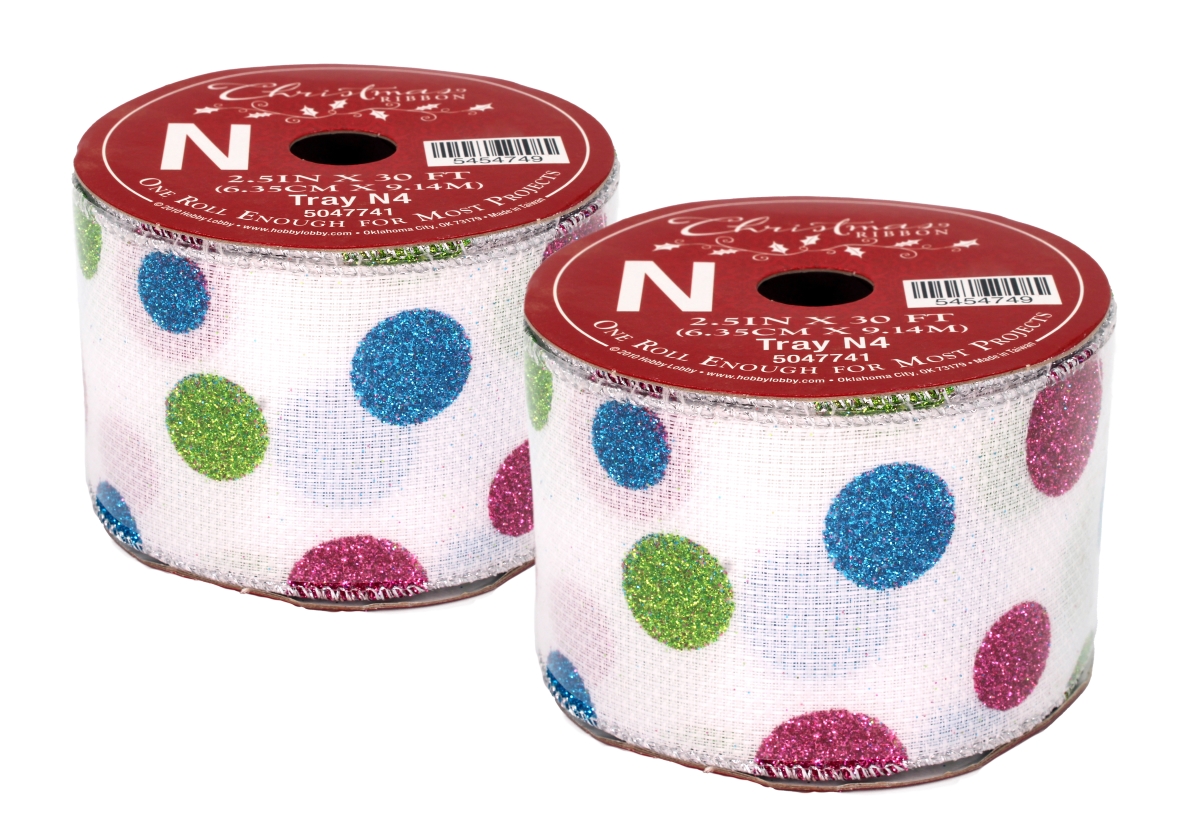 30 ft. White Ribbon with Pink, Blue & Lime Green Glitter Polka Dots - Pack of 2