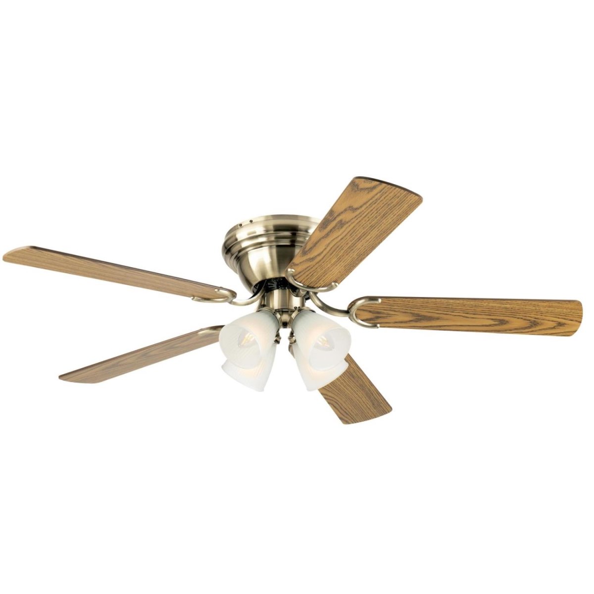 Picture of Westinghouse 7232200 52 in. Ceiling Fan with Dimmable LED Light Fixture Antique Brass Finish Reversible Blades Oak & Walnut Frosted Ribbed Glass