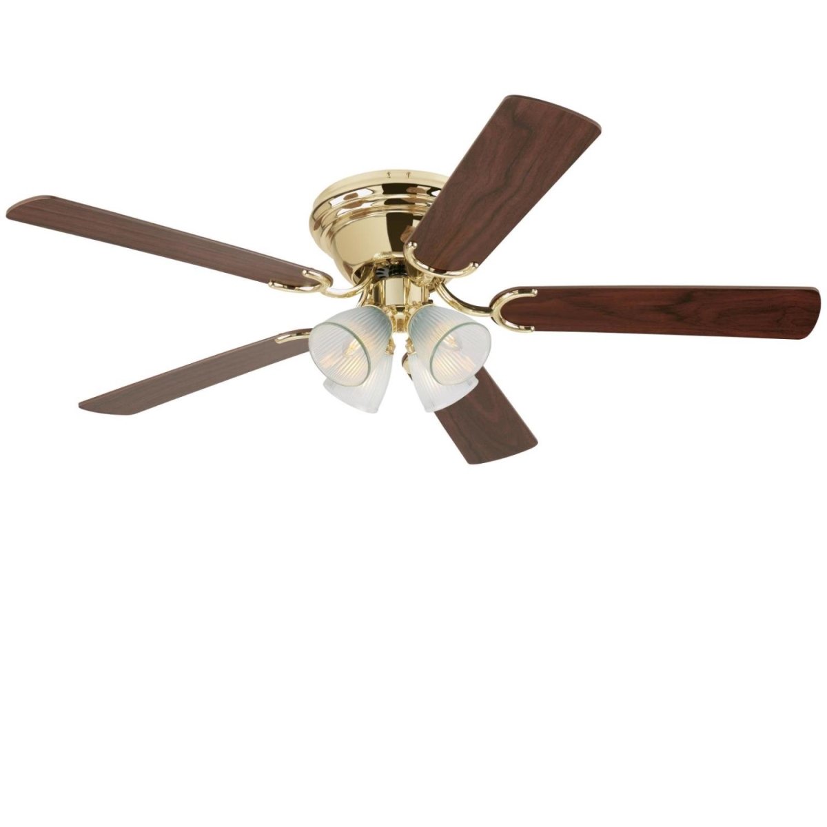 Picture of Westinghouse 7232400 52 in. Ceiling Fan with Dimmable LED Light Fixture Polished Brass Finish Reversible Blades Walnut & Oak Clear Ribbed Glass