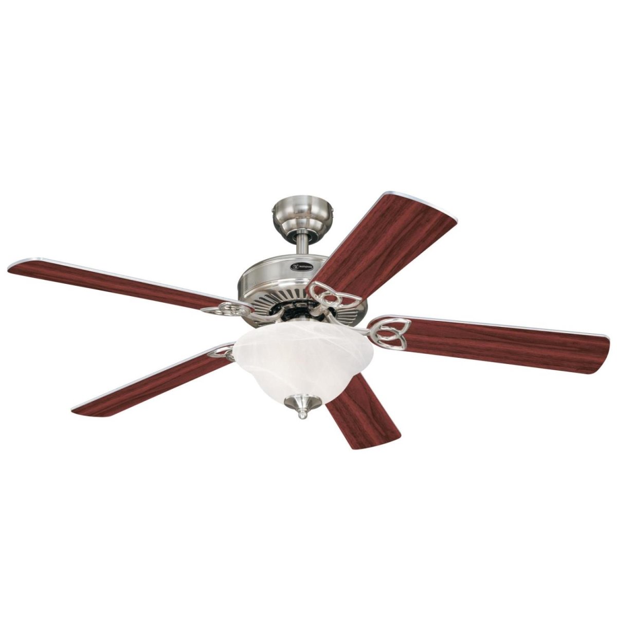 Picture of Westinghouse 7234900 52 in. Ceiling Fan with LED Light Fixture Brushed Nickel Finish Reversible Blades Rosewood & Light Maple White Alabaster Glass