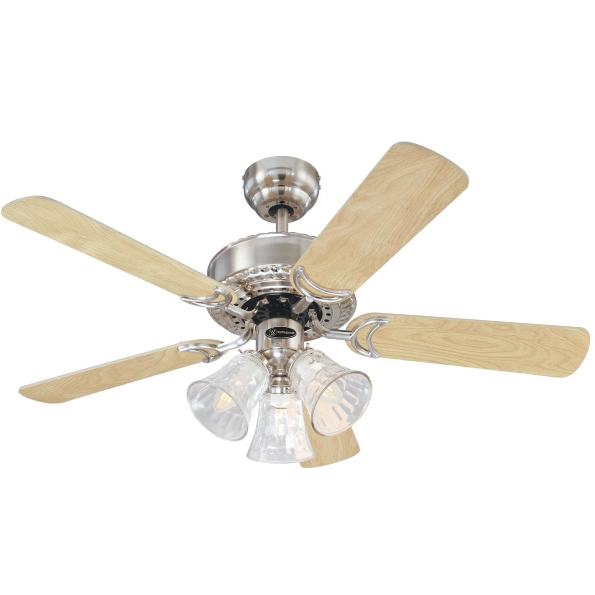 Picture of Westinghouse 7235400 42 in. Ceiling Fan with Dimmable LED Light Fixture Brushed Nickel Finish Reversible Blades Light Maple & Birds Eye Maple Water Glass Shades