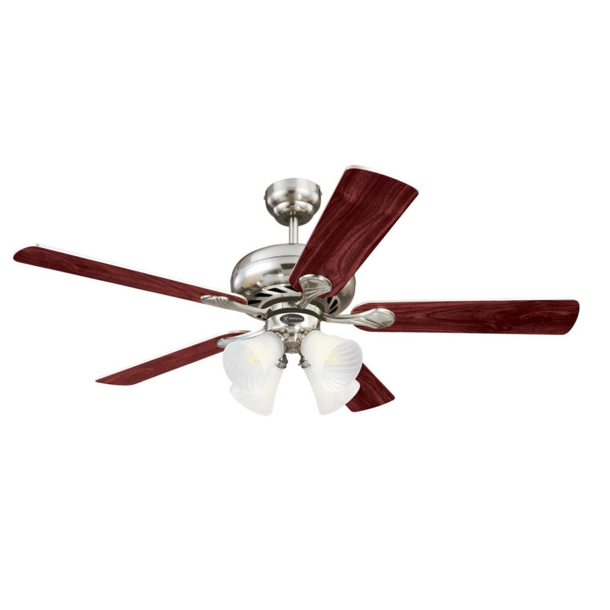 Picture of Westinghouse 7235900 52 in. Ceiling Fan with Dimmable LED Light Fixture Brushed Nickel Finish Reversible Blades Rosewood & Light Maple Frosted Swirl Glass
