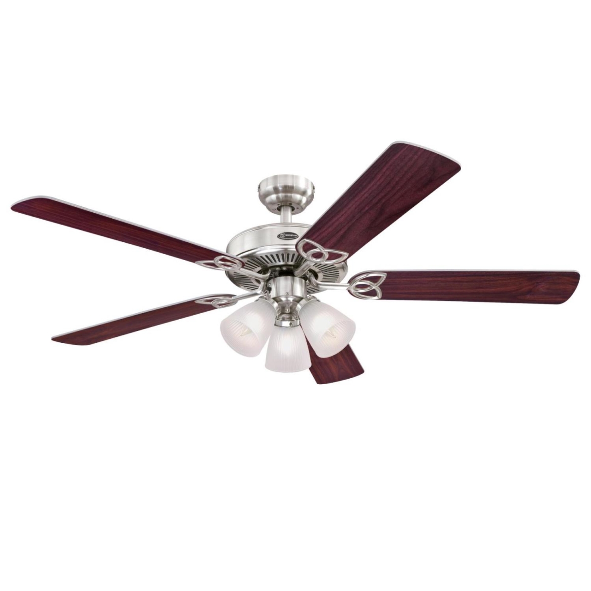 Picture of Westinghouse 7237100 52 in. Ceiling Fan with Dimmable LED Light Fixture Brushed Nickel Finish Reversible Blades Rosewood & Light Maple Frosted Ribbed Glass