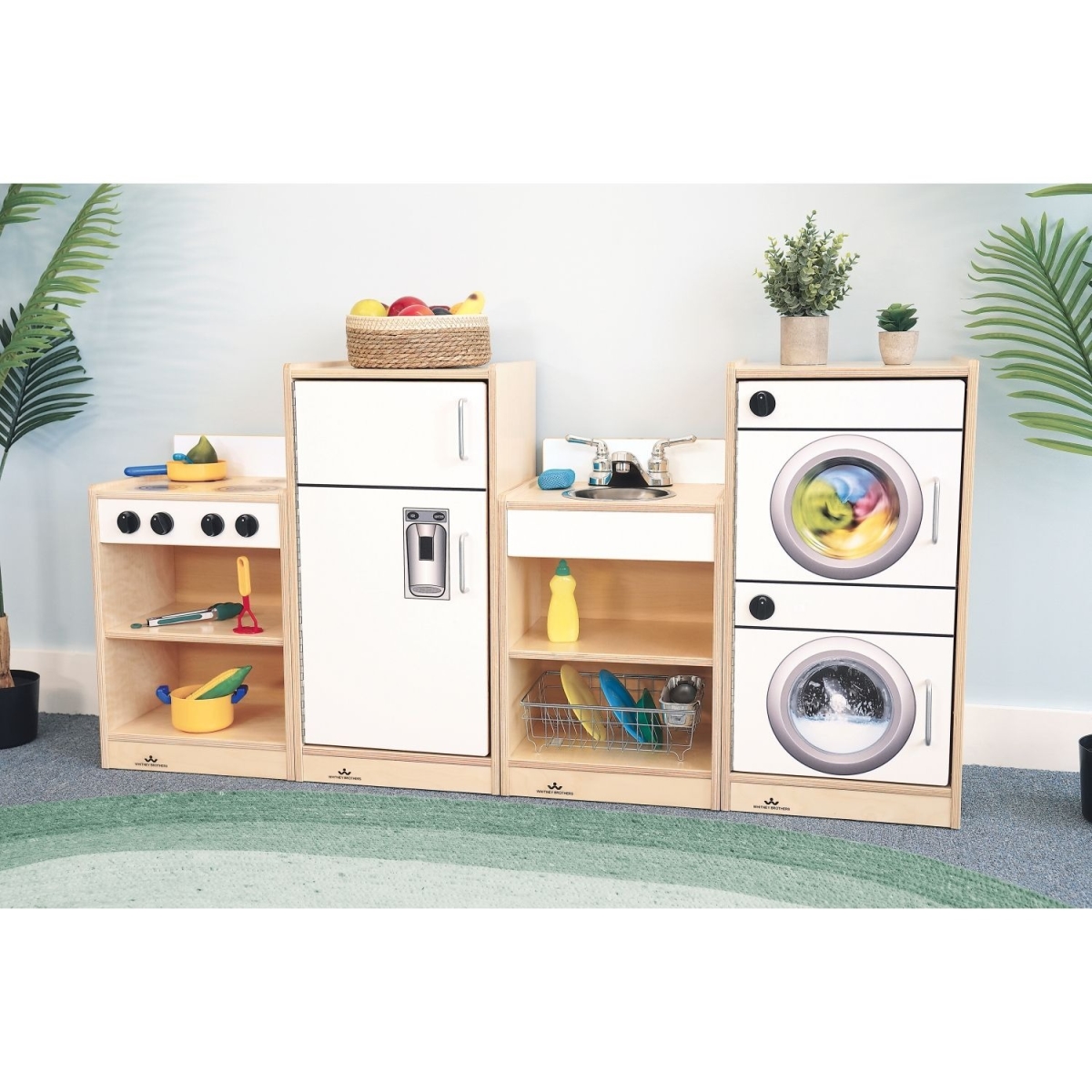 WB7070 Indoor Modern Toddler Compact Playstation Lets Play Kitchen Ensemble, White & Natural UV