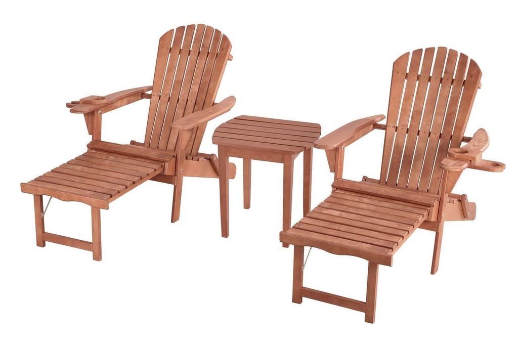Oceanic Adirondack Chaise Lounge Chair Foldable with Built-in Ottoman & End Table Set, Beige Walnut